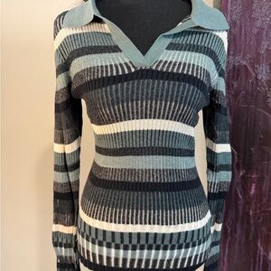 NWT Alp n Rock Luisa Collared Rib-Knit Sweater - Sage, Black & Cream